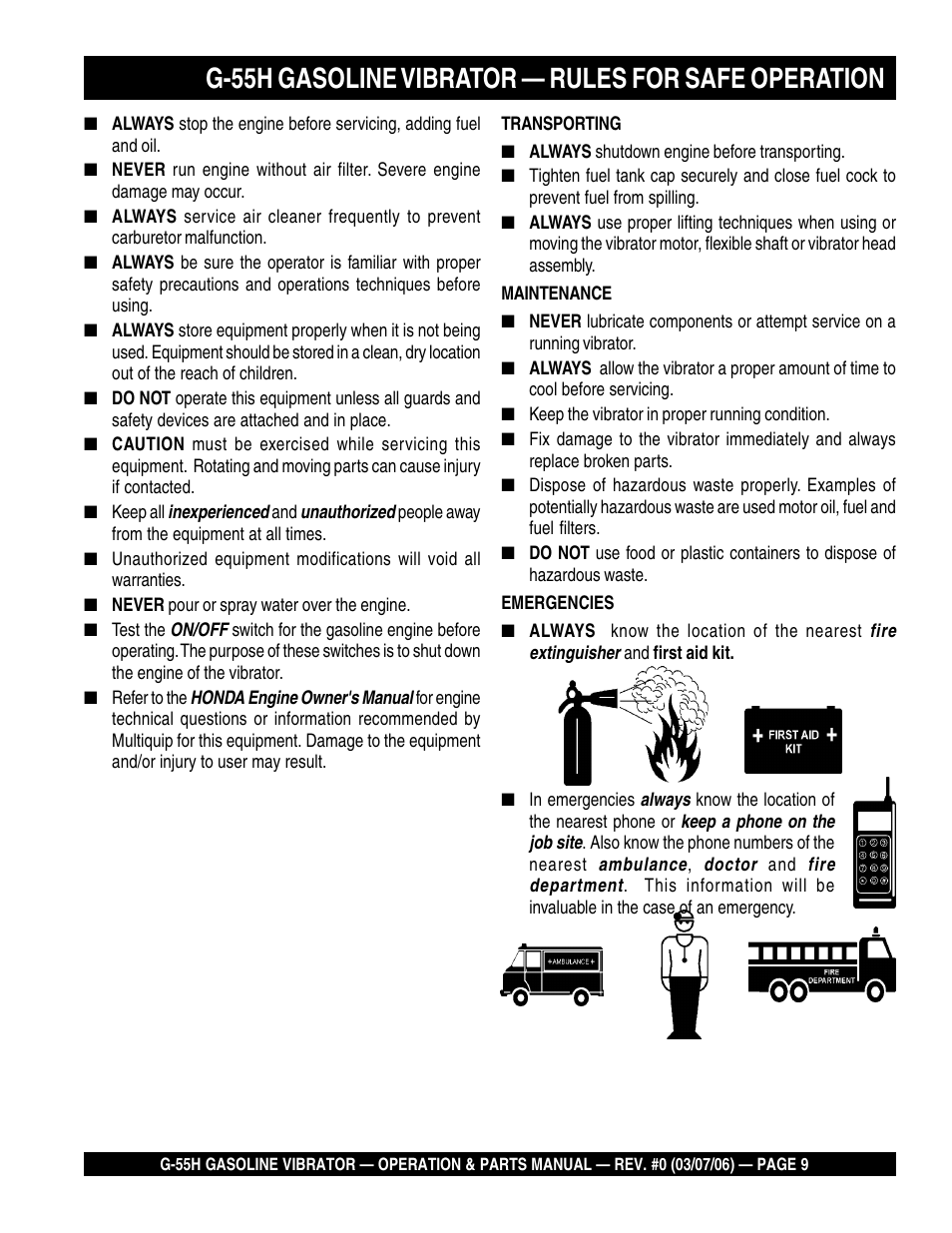 G-55h gasoline vibrator — rules for safe operation | Multiquip G55H User Manual | Page 9 / 68