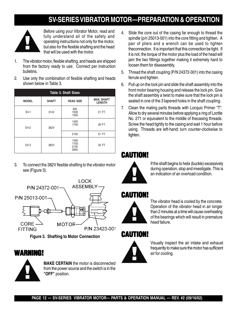 Sv-series vibrator motor—preparation & operation, Warning, Caution | Multiquip SV-SERIES User Manual | Page 12 / 22