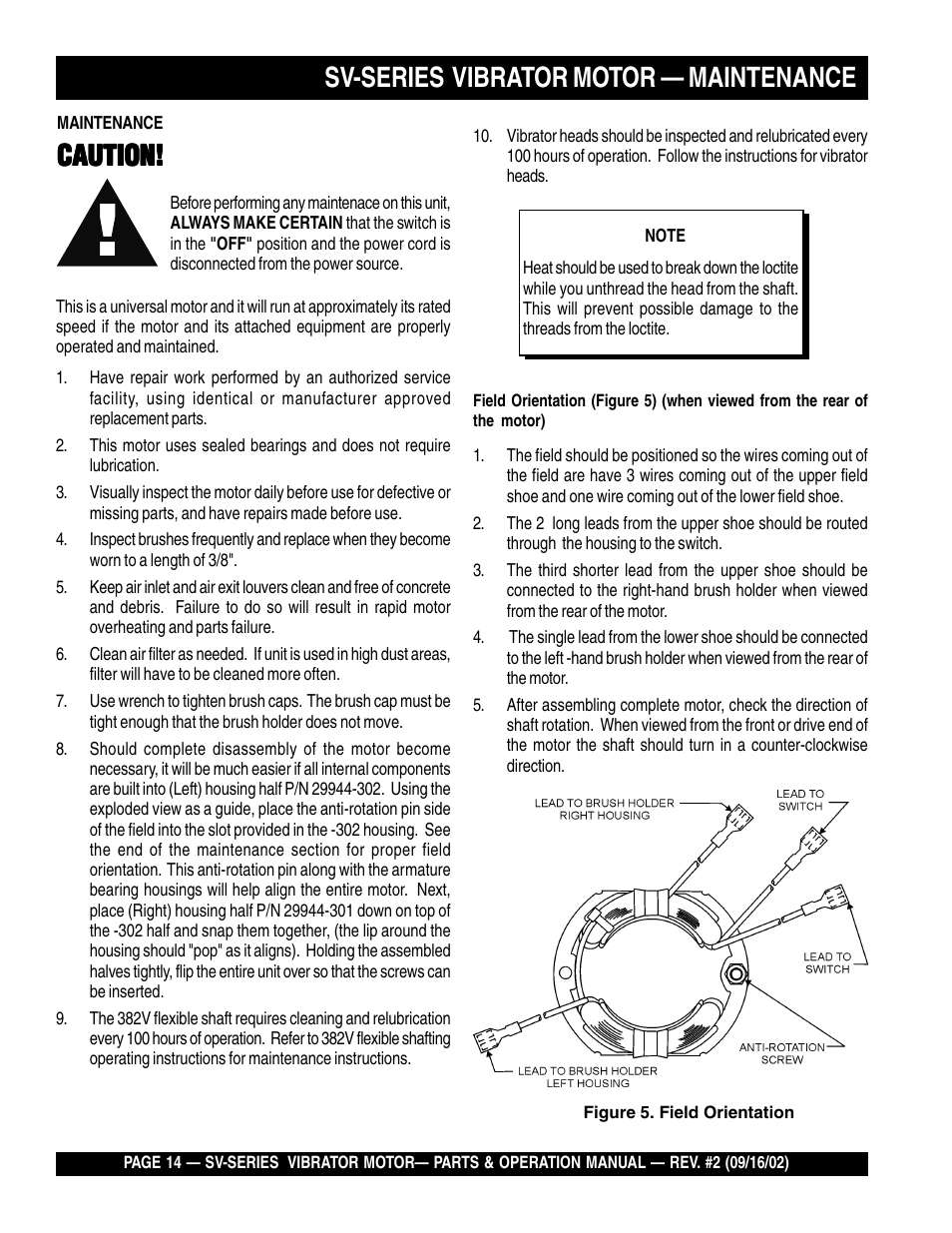 Caution, Sv-series vibrator motor — maintenance | Multiquip SV-SERIES User Manual | Page 14 / 22