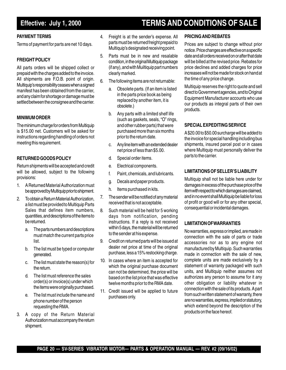 Terms and conditions of sale | Multiquip SV-SERIES User Manual | Page 20 / 22