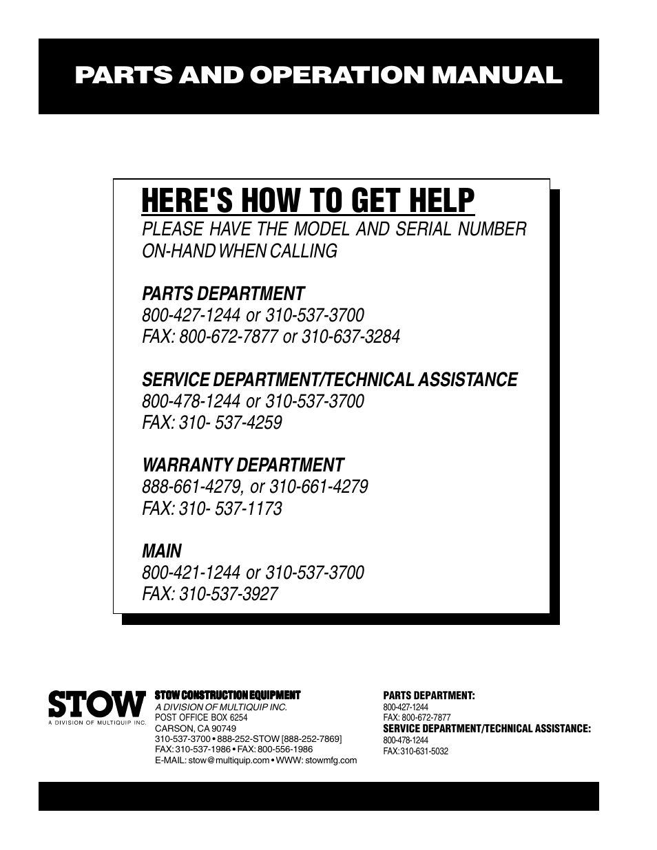 Here's how to get help, Parts and operation manual | Multiquip SV-SERIES User Manual | Page 22 / 22