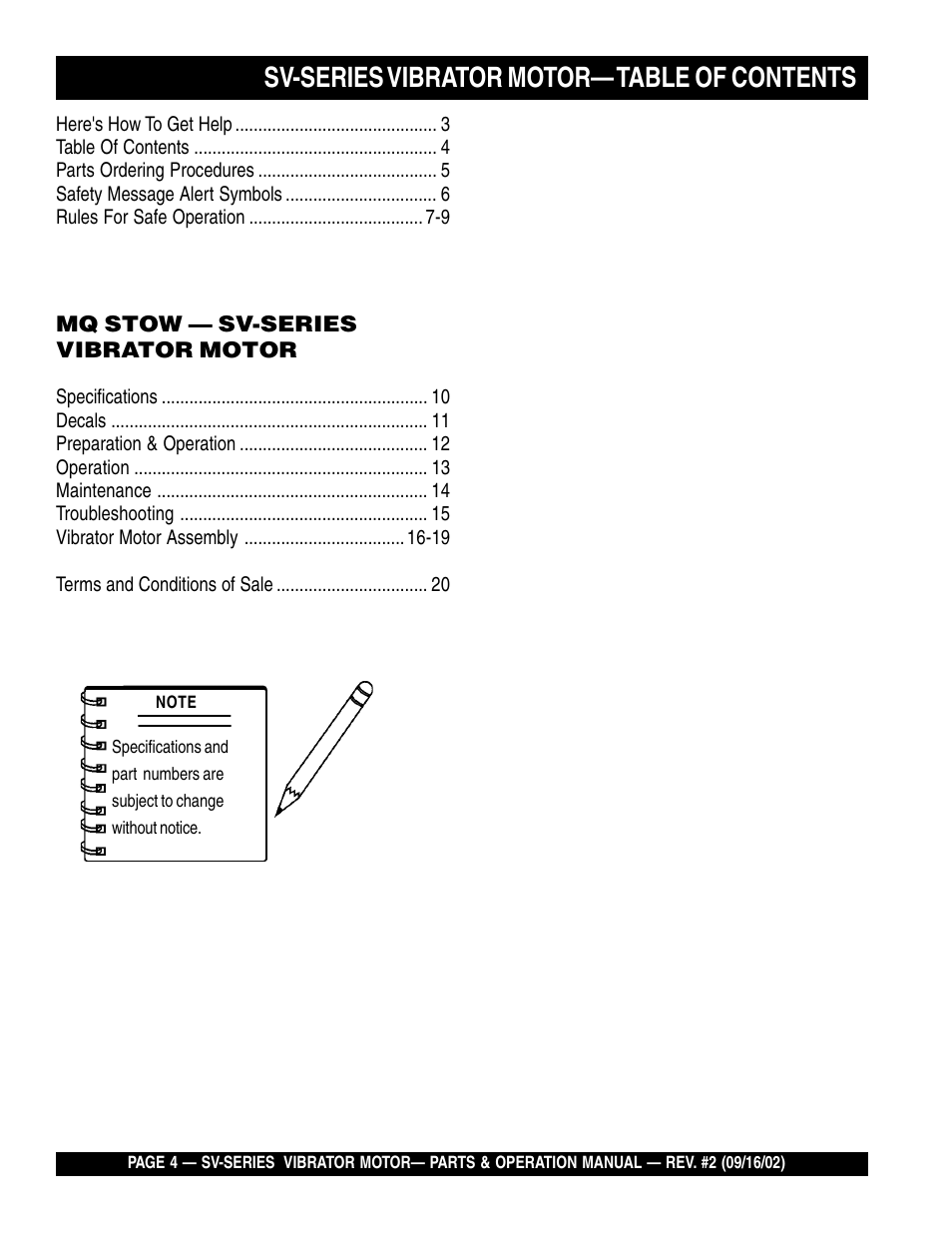 Sv-series vibrator motor— table of contents | Multiquip SV-SERIES User Manual | Page 4 / 22
