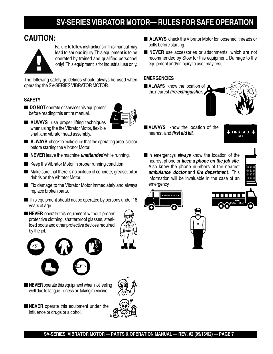 Caution, Sv-series vibrator motor— rules for safe operation | Multiquip SV-SERIES User Manual | Page 7 / 22