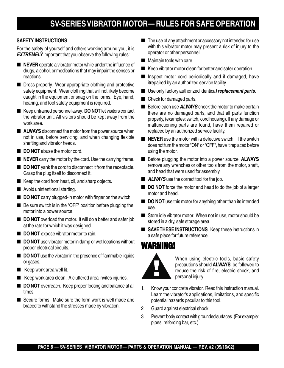 Warning, Sv-series vibrator motor— rules for safe operation | Multiquip SV-SERIES User Manual | Page 8 / 22