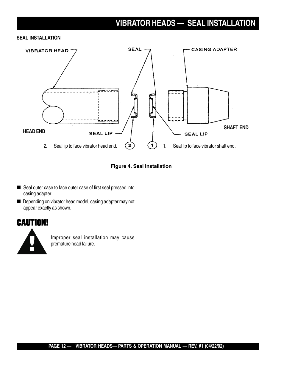 Vibrator heads, Seal installation, Caution | Multiquip SV-SERIES (900, 1000, 1300, 1400, 1700, 2100 & 2600) User Manual | Page 12 / 20