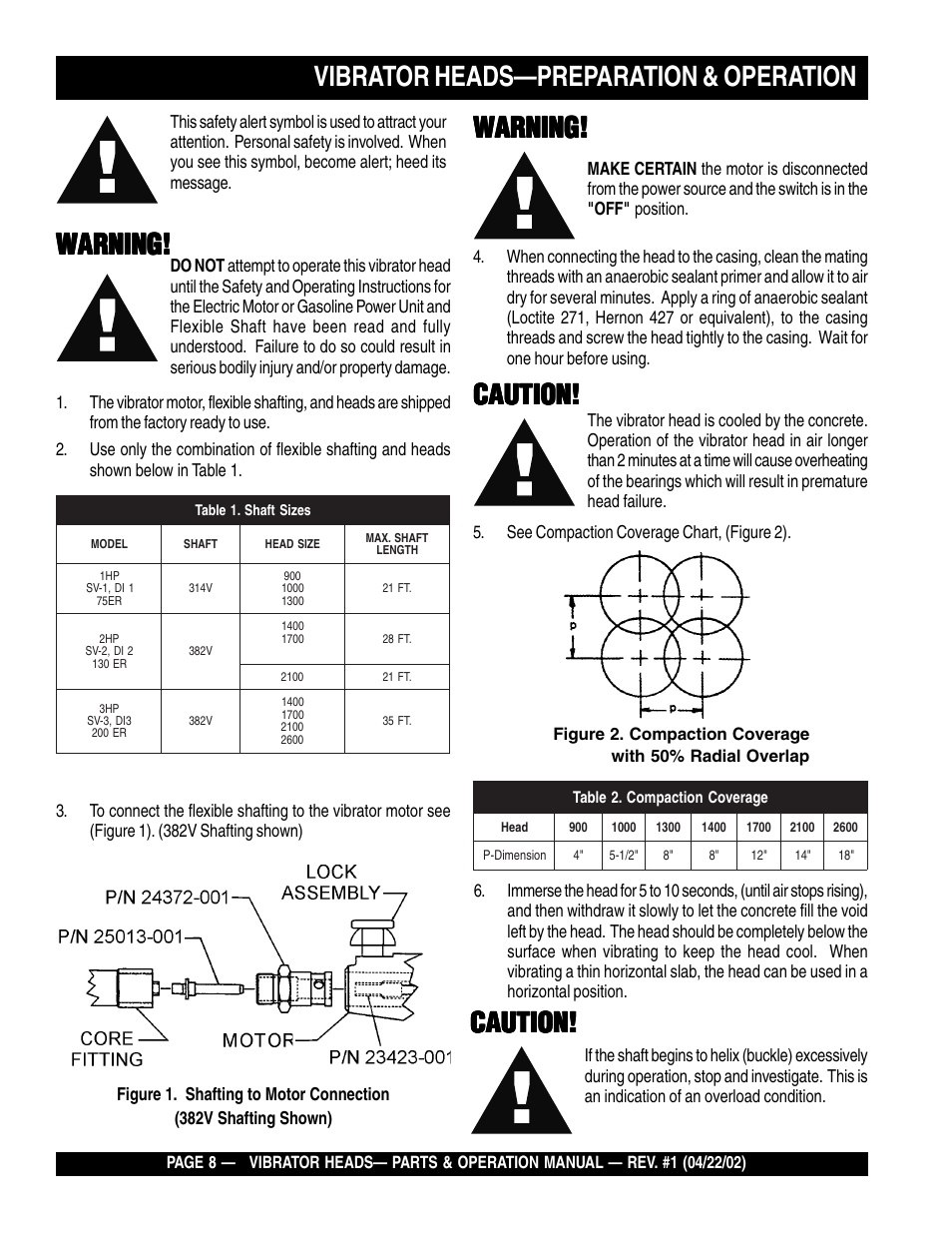 Vibrator heads—preparation & operation, Warning, Caution | Multiquip SV-SERIES (900, 1000, 1300, 1400, 1700, 2100 & 2600) User Manual | Page 8 / 20