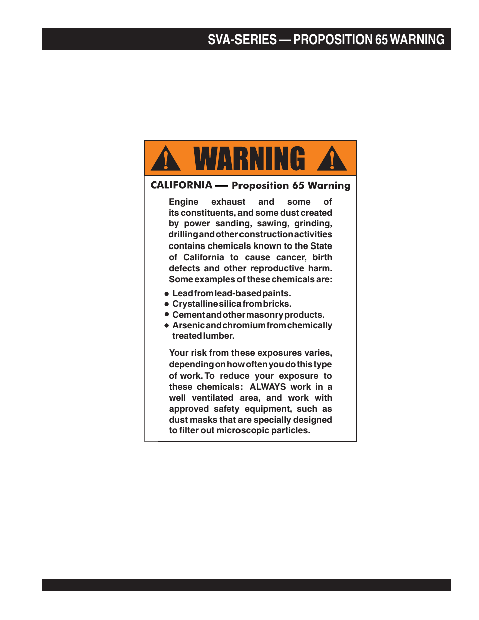Sva-series — proposition 65 warning | Multiquip SVA-3e User Manual | Page 2 / 24
