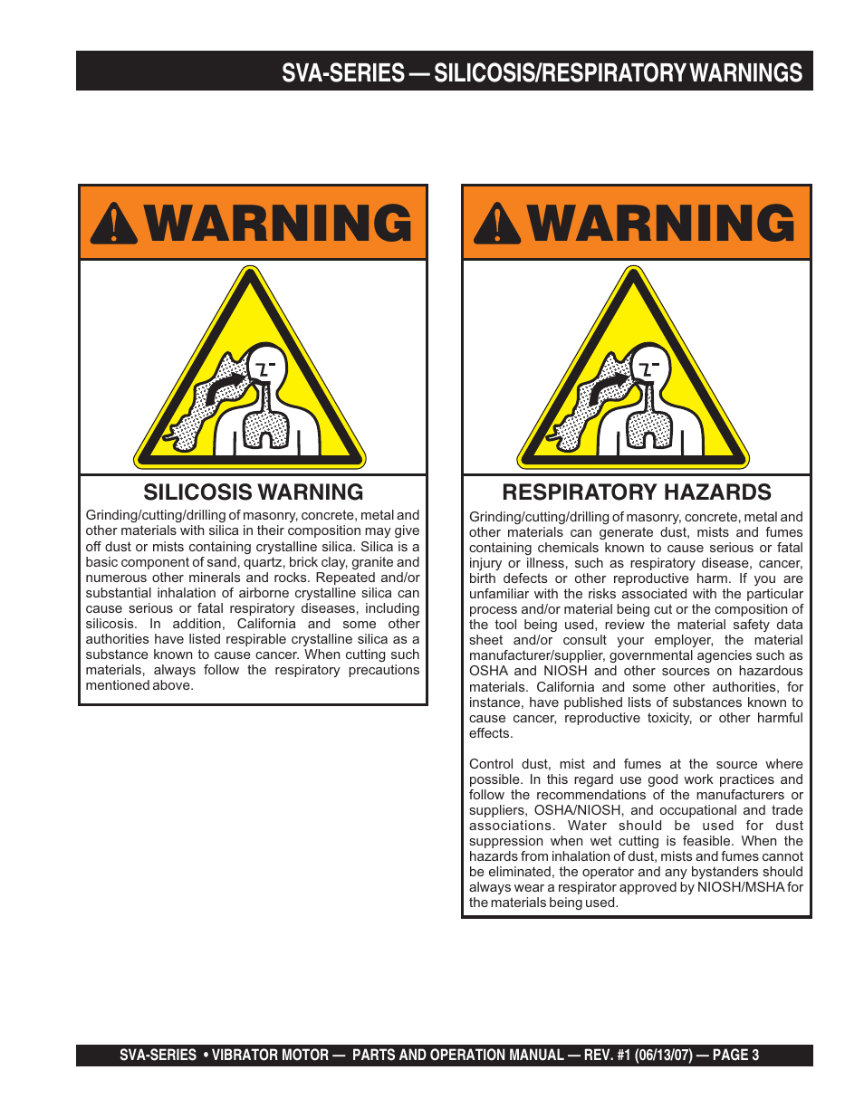 Warning | Multiquip SVA-3e User Manual | Page 3 / 24
