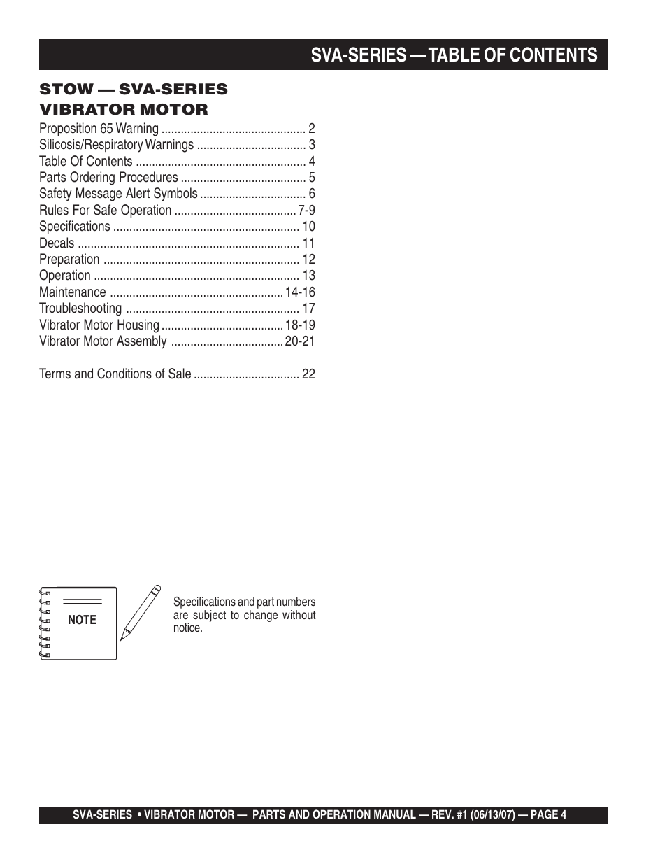 Sva-series — table of contents | Multiquip SVA-3e User Manual | Page 4 / 24