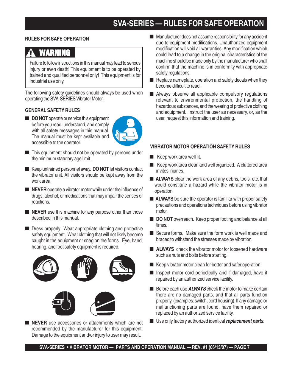 Sva-series — rules for safe operation, Warning | Multiquip SVA-3e User Manual | Page 7 / 24