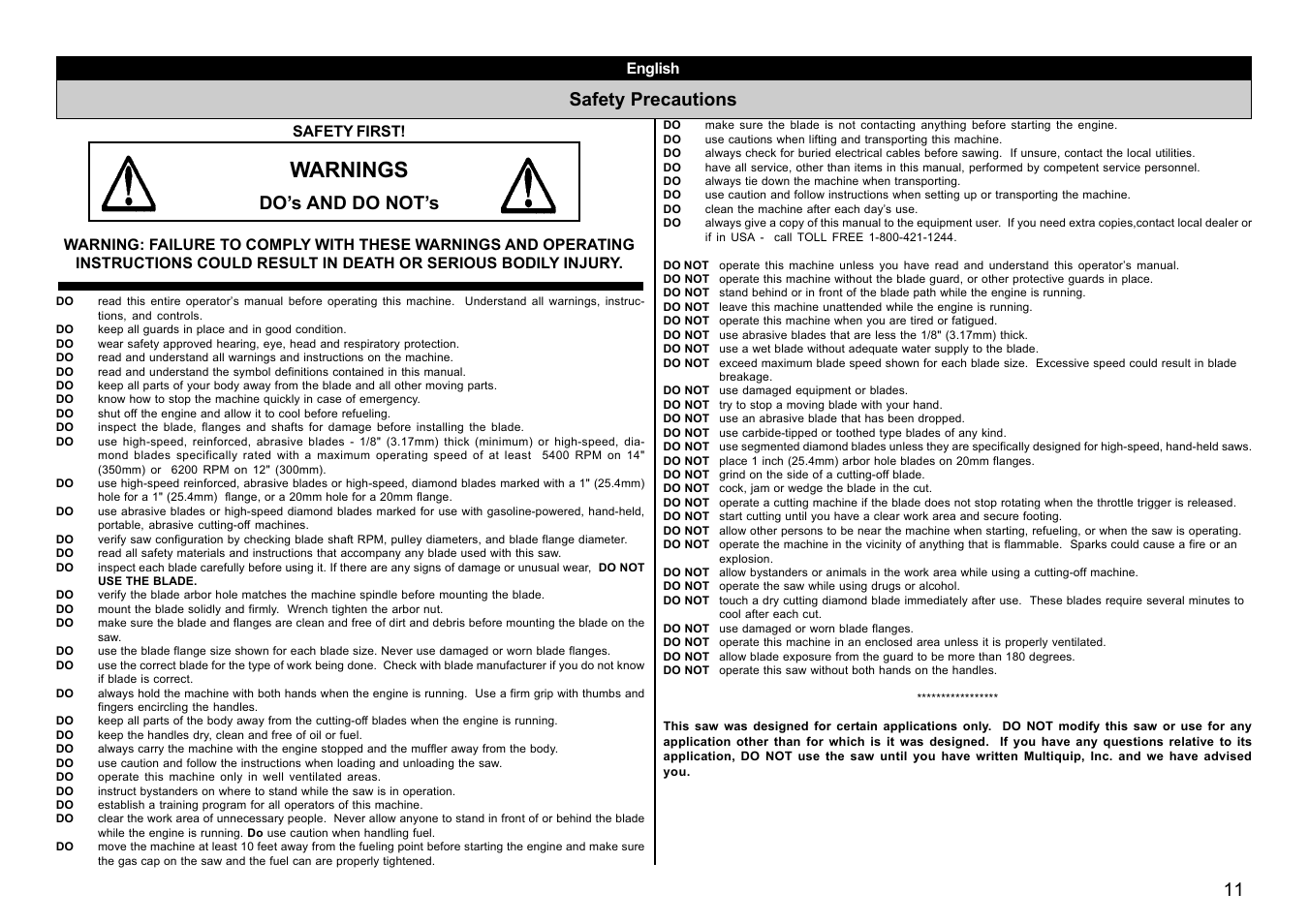 Warnings, Safety precautions, Do’s and do not’s | Multiquip HS81 User Manual | Page 11 / 42
