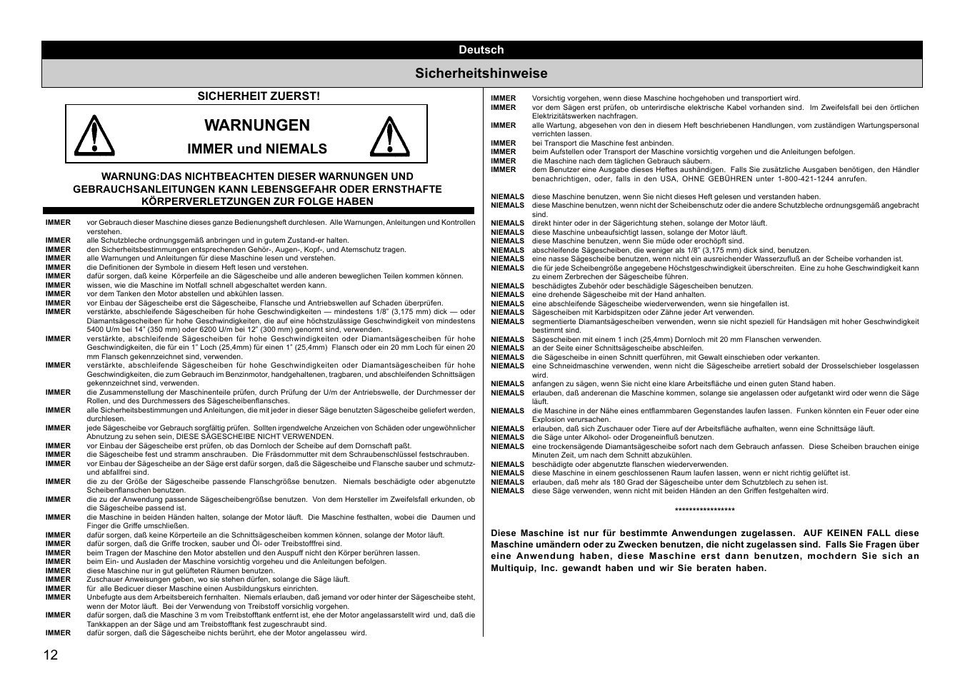 Warnungen, Sicherheitshinweise, Immer und niemals | Deutsch, Sicherheit zuerst | Multiquip HS81 User Manual | Page 12 / 42