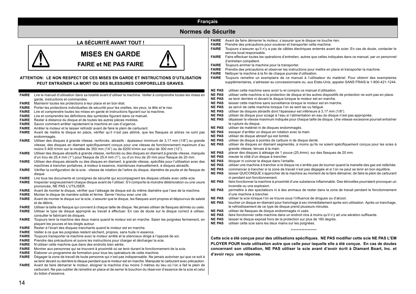 Mises en garde, Normes de sécurite, Faire et ne pas faire | Français, La sécurité avant tout | Multiquip HS81 User Manual | Page 14 / 42
