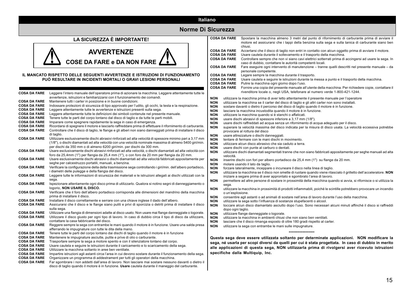 Avvertenze, Norme di sicurezza, Cose da fare e da non fare | Italiano, La sicurezza è importante | Multiquip HS81 User Manual | Page 15 / 42