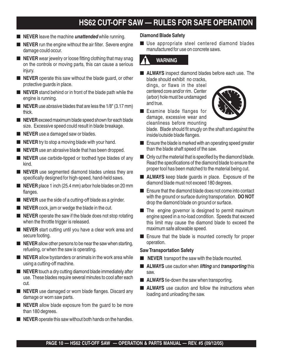 Hs62 cut-off saw — rules for safe operation | Multiquip HS62 User Manual | Page 10 / 68
