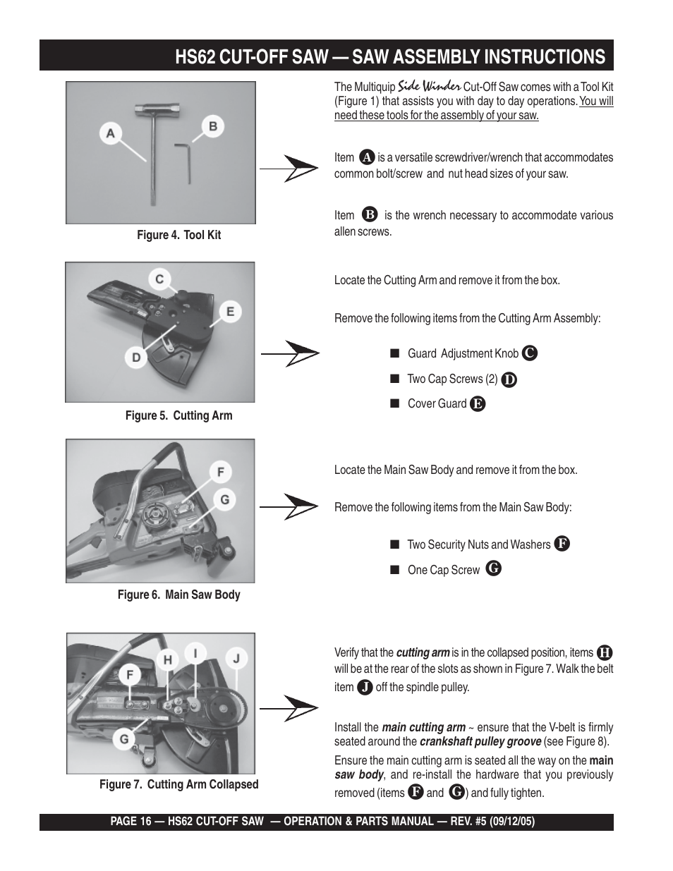 Hs62 cut-off saw — saw assembly instructions | Multiquip HS62 User Manual | Page 16 / 68