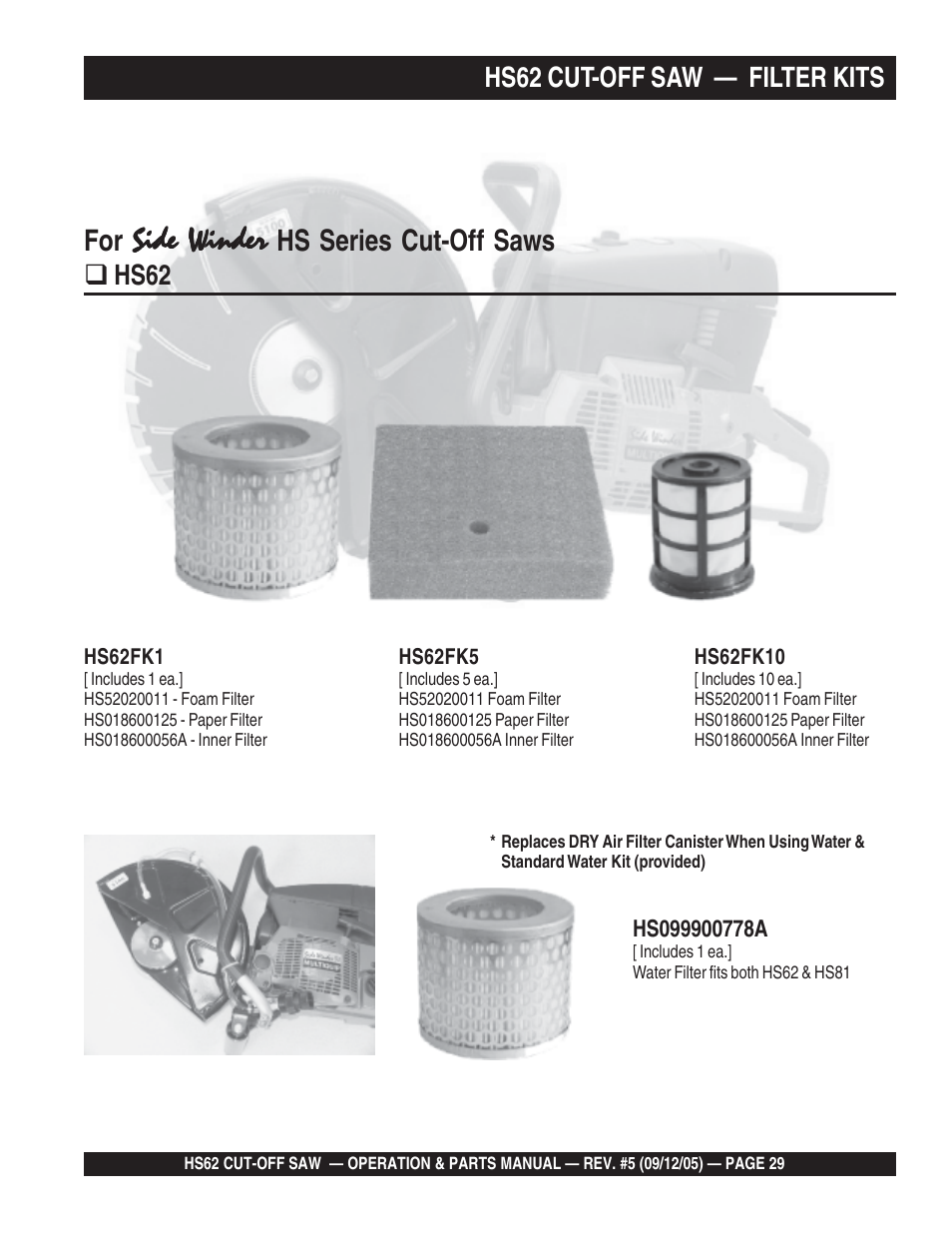 Wet filter, Dry filter kits, Side winder | Hs series cut-off saws | Multiquip HS62 User Manual | Page 29 / 68