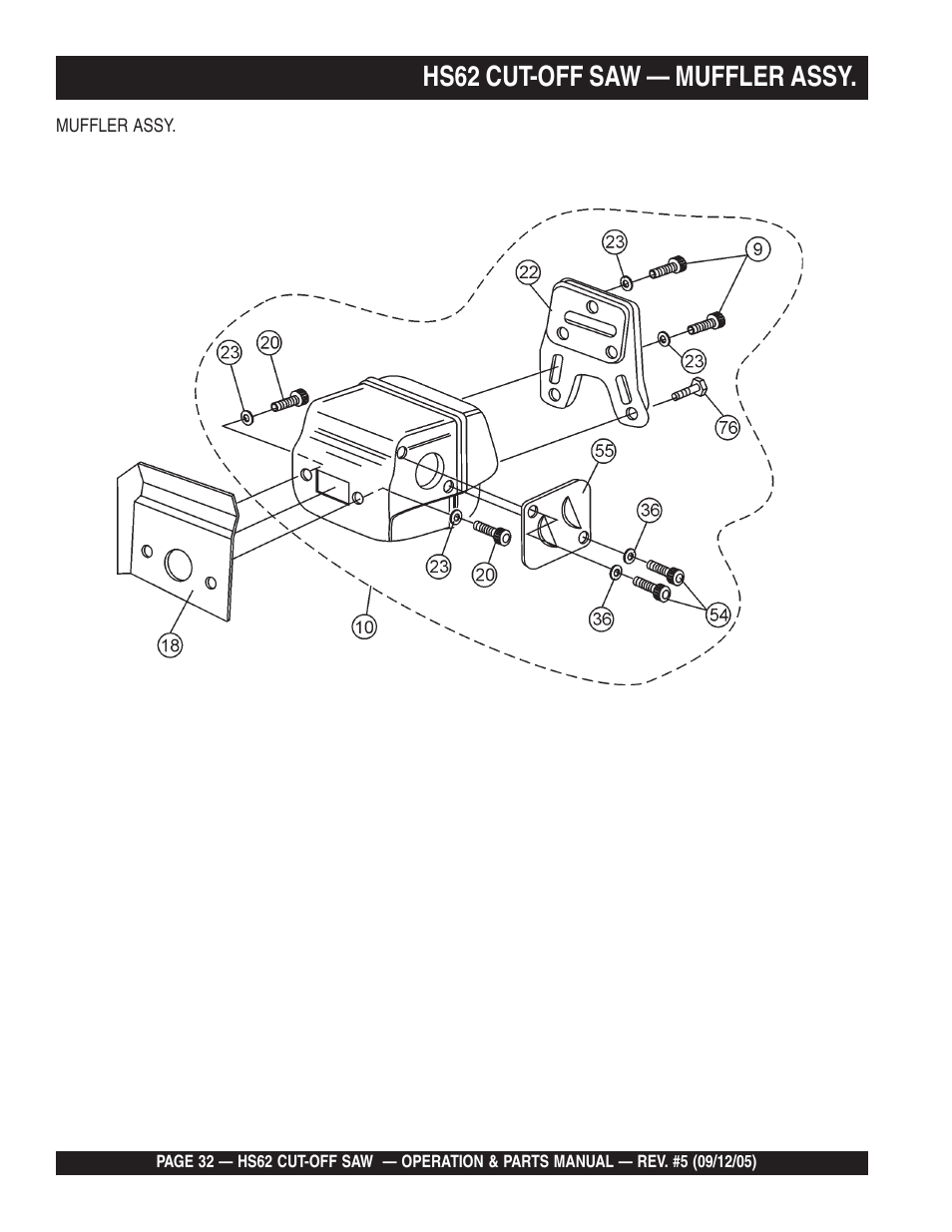 Hs62 cut-off saw — muffler assy | Multiquip HS62 User Manual | Page 32 / 68