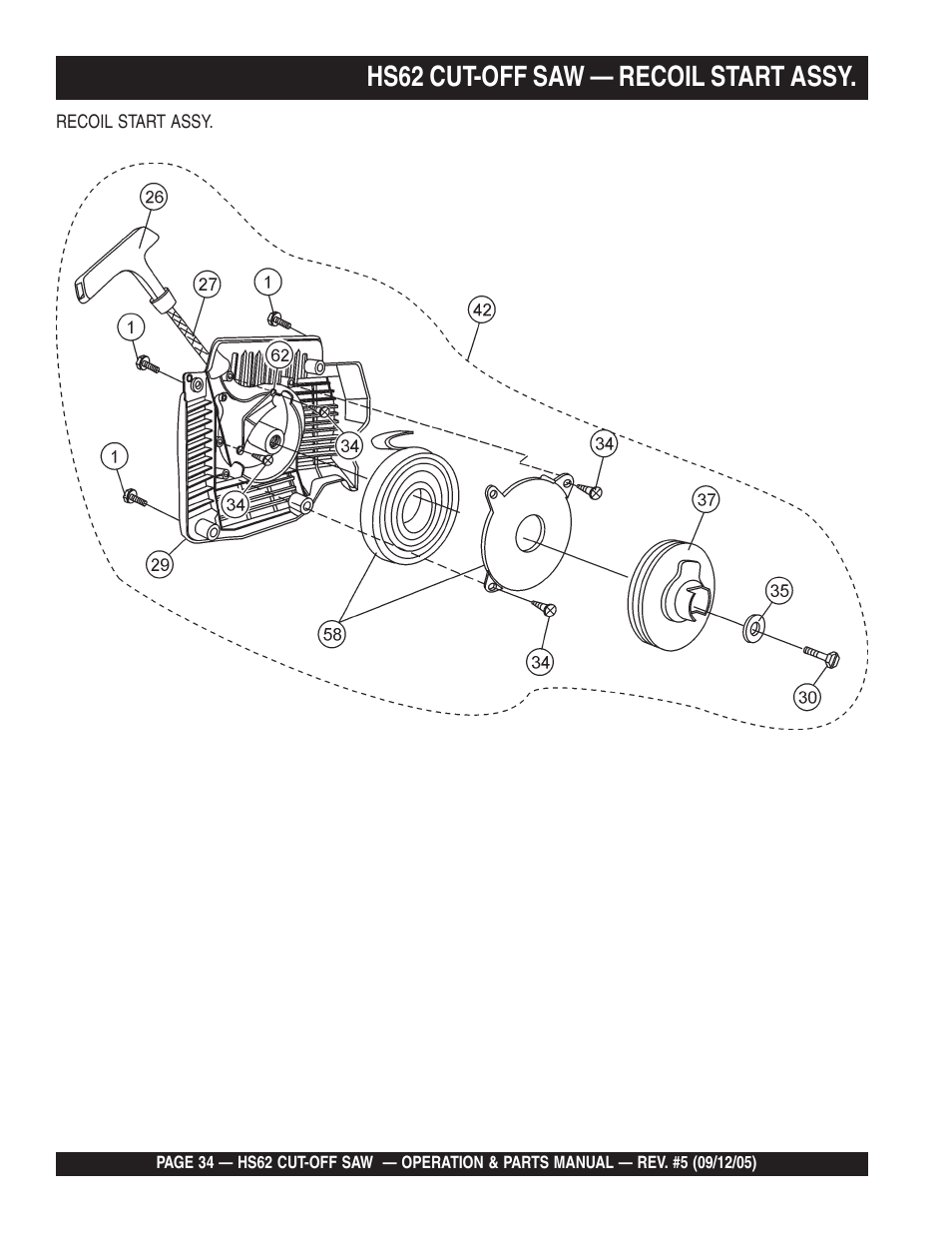 Hs62 cut-off saw — recoil start assy | Multiquip HS62 User Manual | Page 34 / 68