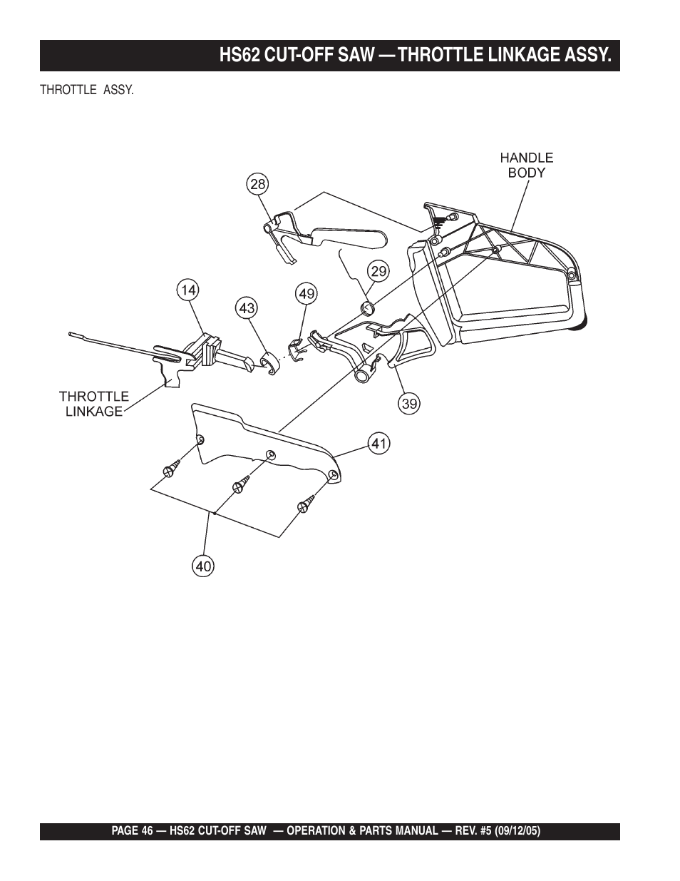 Hs62 cut-off saw — throttle linkage assy | Multiquip HS62 User Manual | Page 46 / 68