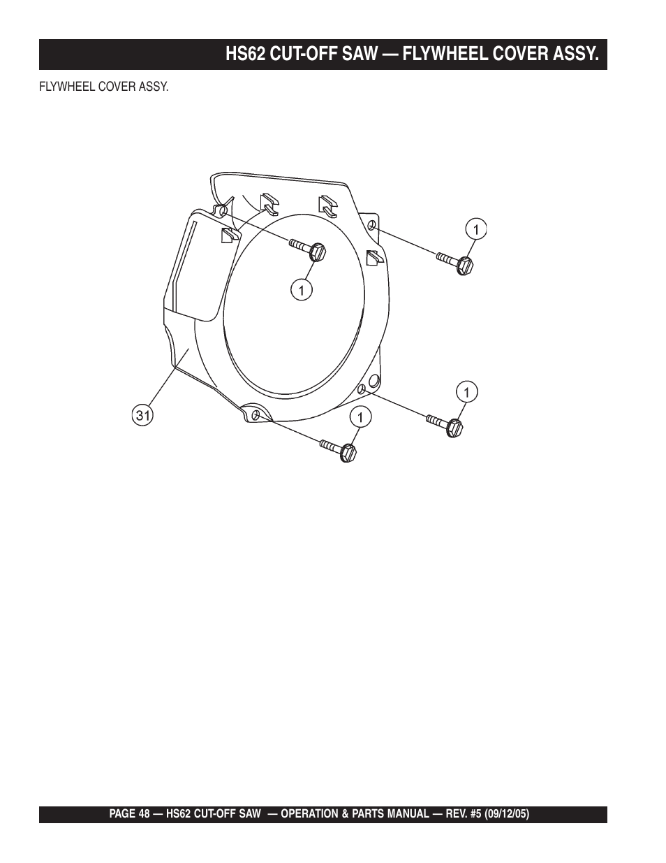 Hs62 cut-off saw — flywheel cover assy | Multiquip HS62 User Manual | Page 48 / 68