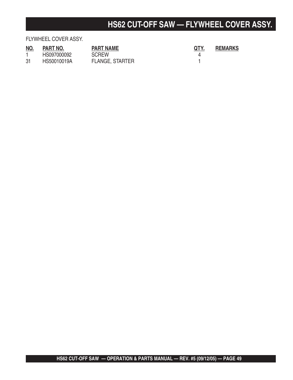 Hs62 cut-off saw — flywheel cover assy | Multiquip HS62 User Manual | Page 49 / 68