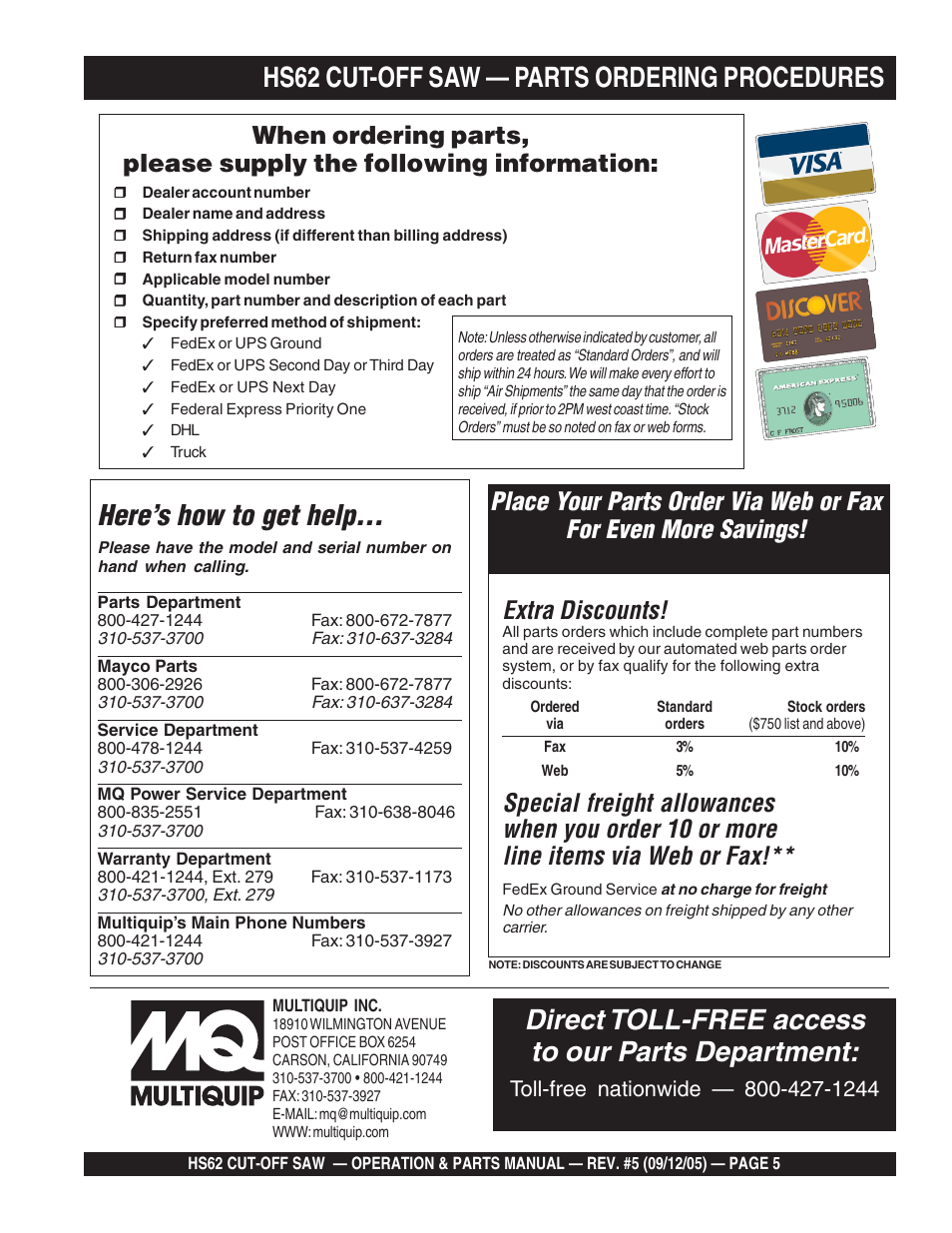 Hs62 cut-off saw — parts ordering procedures, Here’s how to get help, Direct toll-free access to our parts department | Extra discounts | Multiquip HS62 User Manual | Page 5 / 68