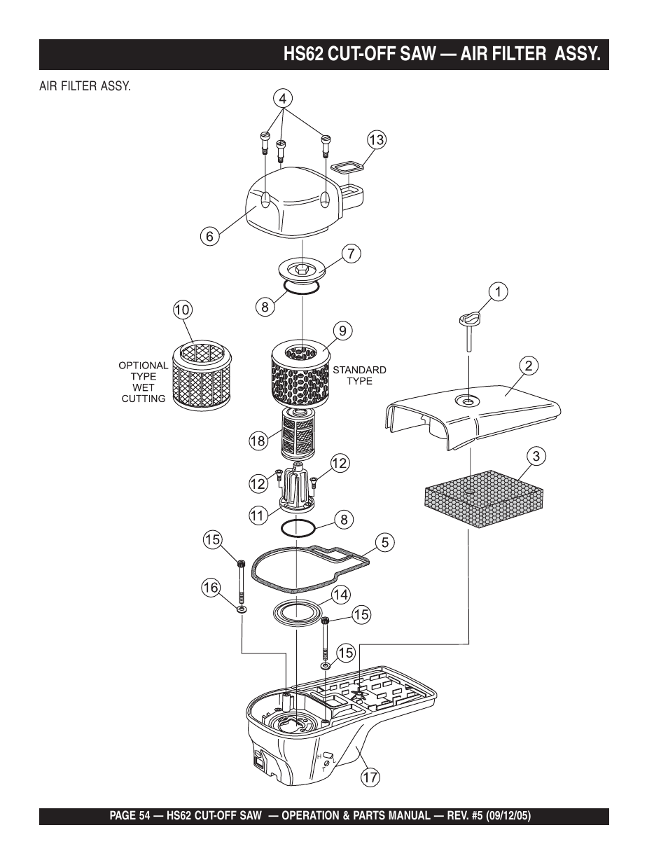 Hs62 cut-off saw — air filter assy, Air filter assy | Multiquip HS62 User Manual | Page 54 / 68
