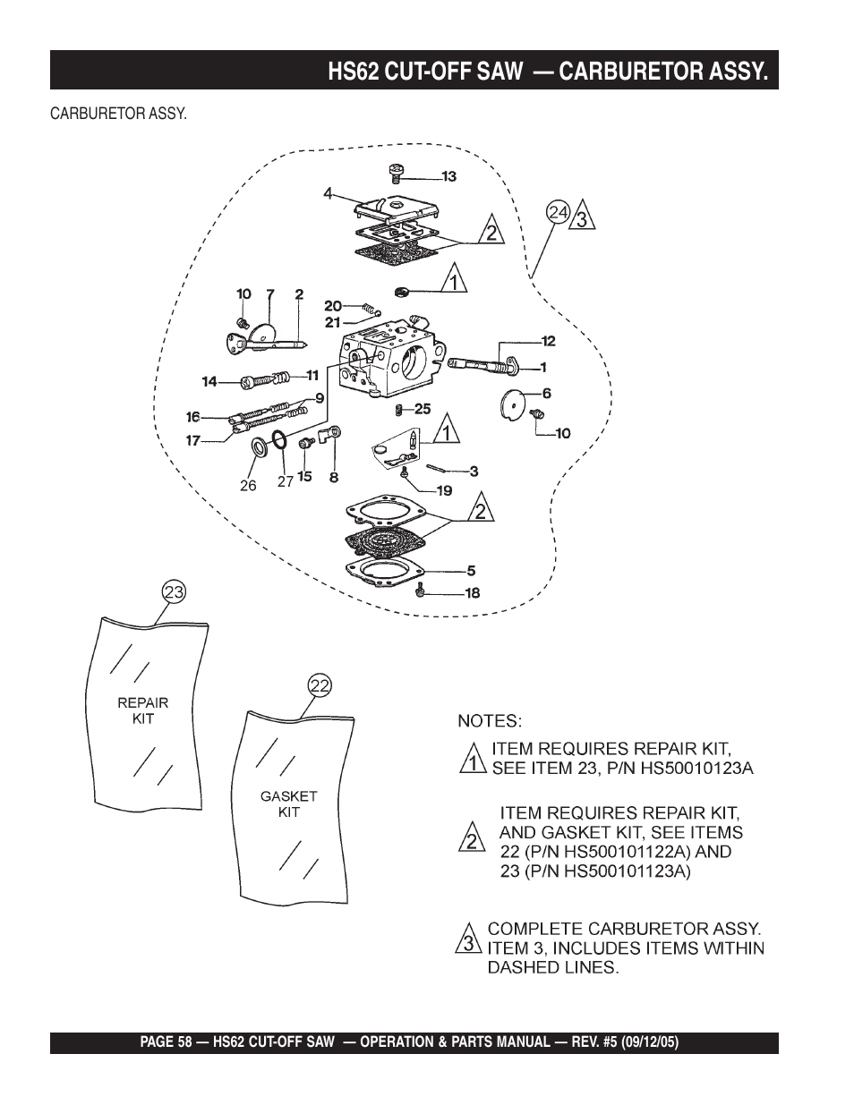 Hs62 cut-off saw — carburetor assy | Multiquip HS62 User Manual | Page 58 / 68