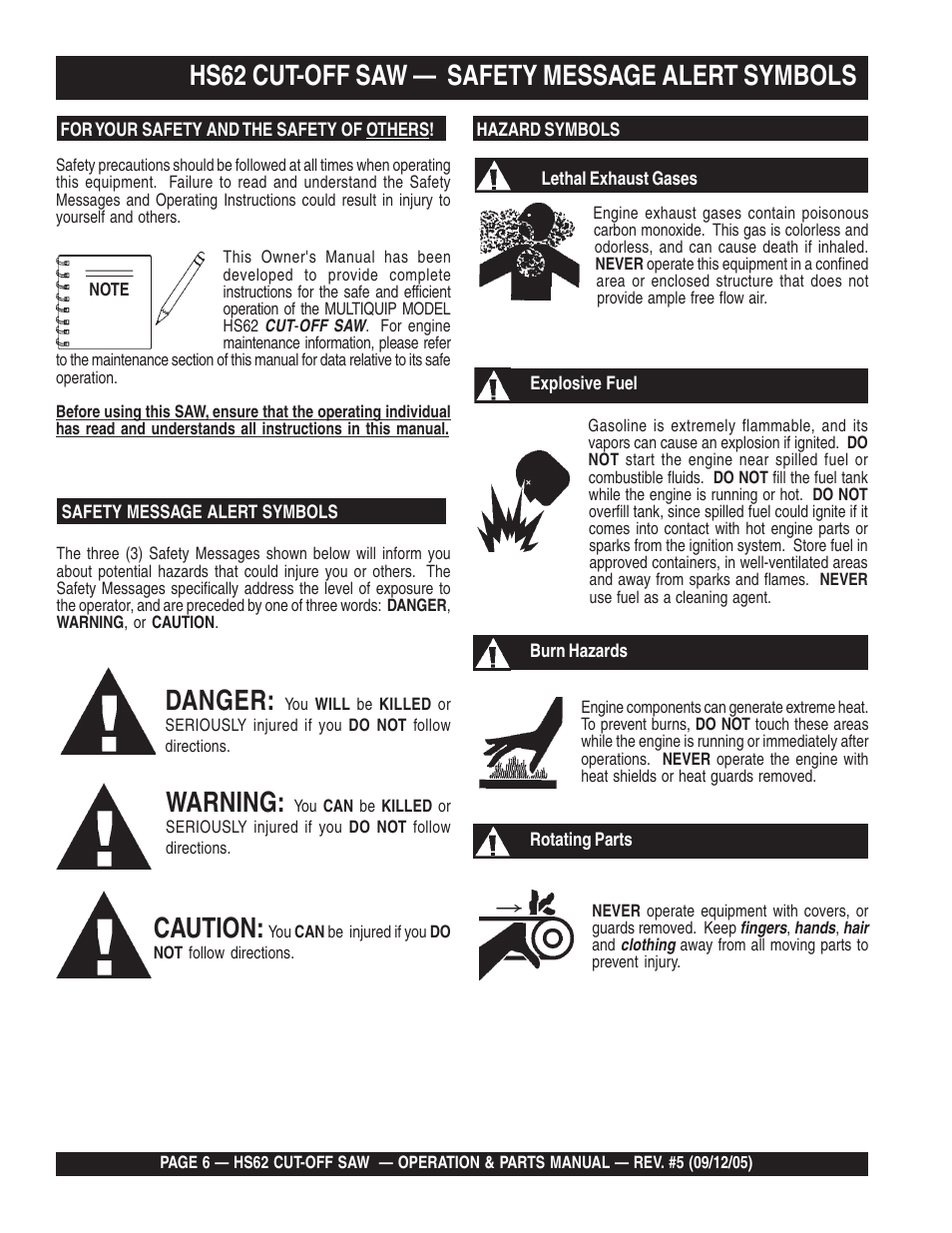 Hs62 cut-off saw — safety message alert symbols, Danger, Warning | Caution | Multiquip HS62 User Manual | Page 6 / 68
