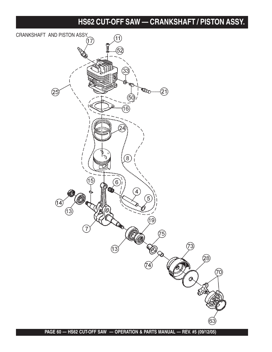 Hs62 cut-off saw — crankshaft / piston assy | Multiquip HS62 User Manual | Page 60 / 68