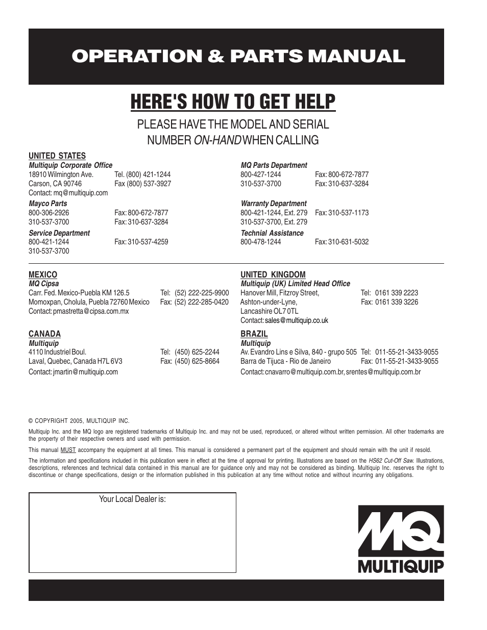 Here's how to get help, Operation & parts manual, On-hand | Please have the model and serial number, When calling | Multiquip HS62 User Manual | Page 68 / 68