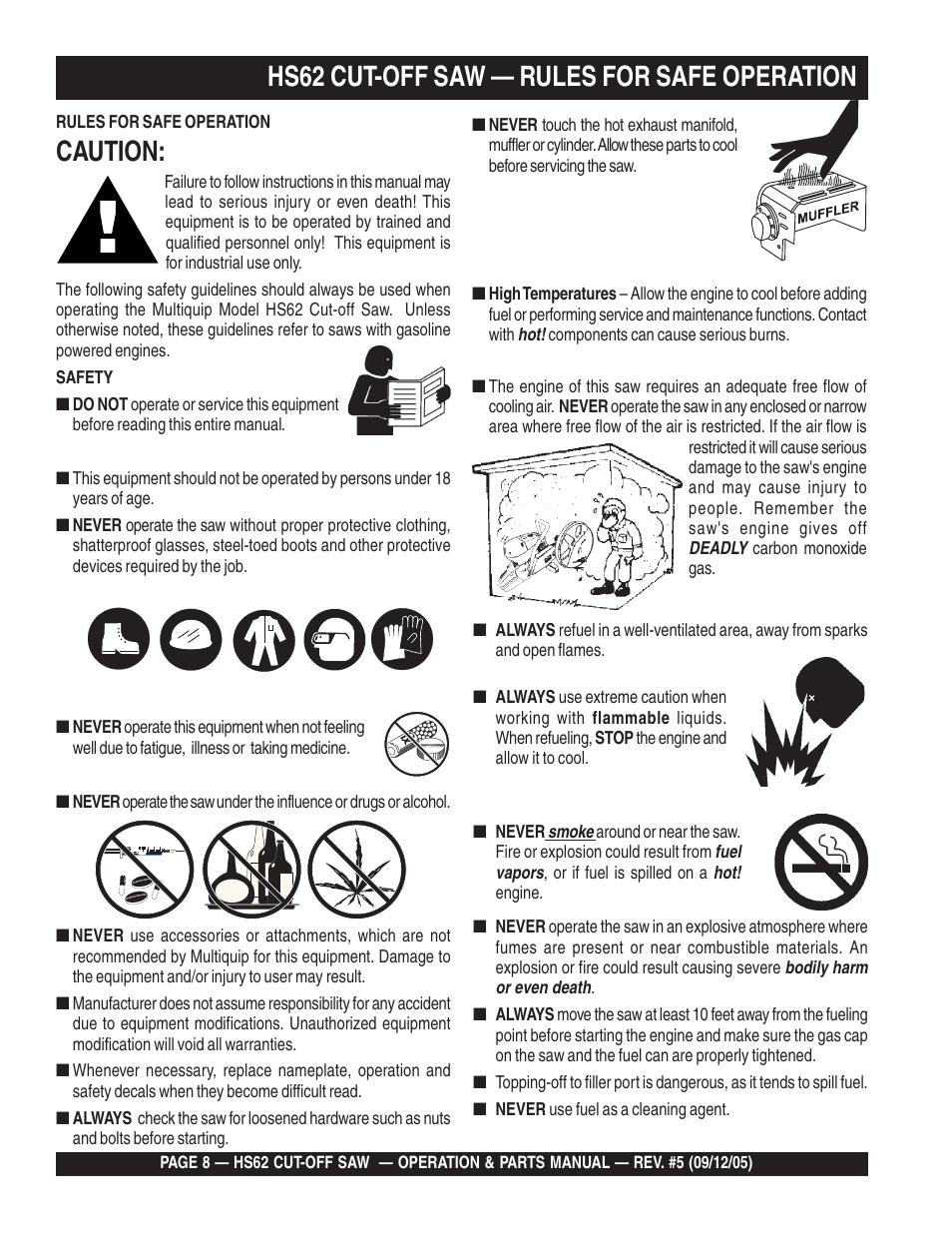 Caution, Hs62 cut-off saw — rules for safe operation | Multiquip HS62 User Manual | Page 8 / 68