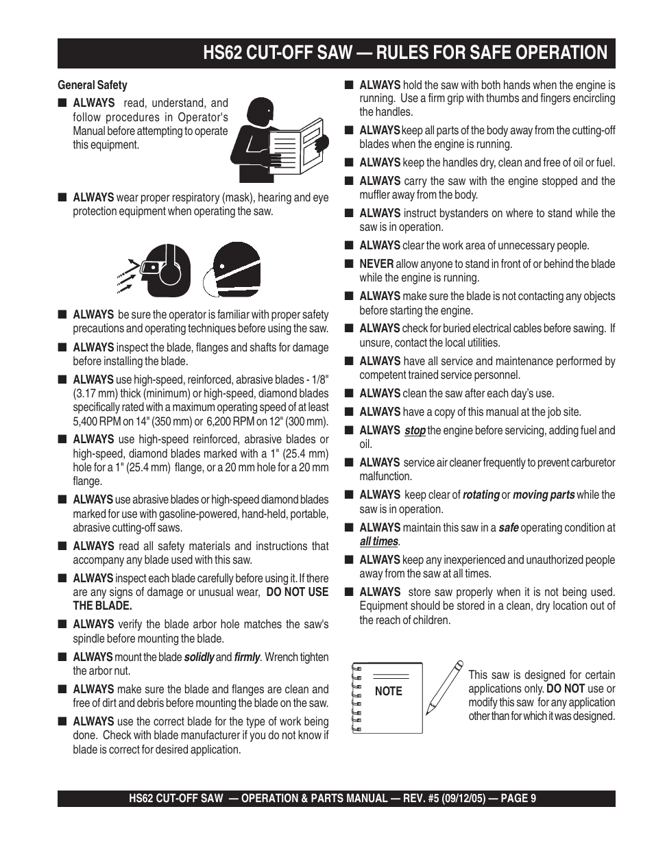 Hs62 cut-off saw — rules for safe operation | Multiquip HS62 User Manual | Page 9 / 68