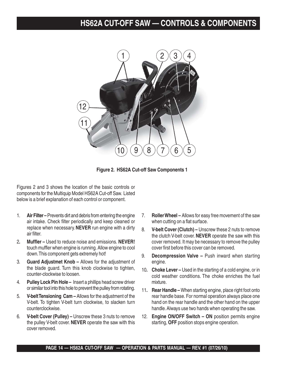 Hs62a cut-off saw — controls & components | Multiquip HS62A User Manual | Page 14 / 70