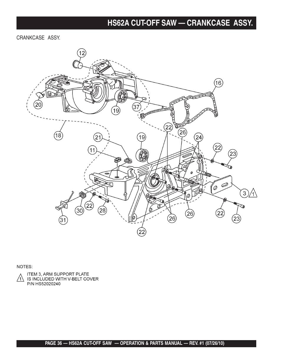 Hs62a cut-off saw — crankcase assy | Multiquip HS62A User Manual | Page 36 / 70