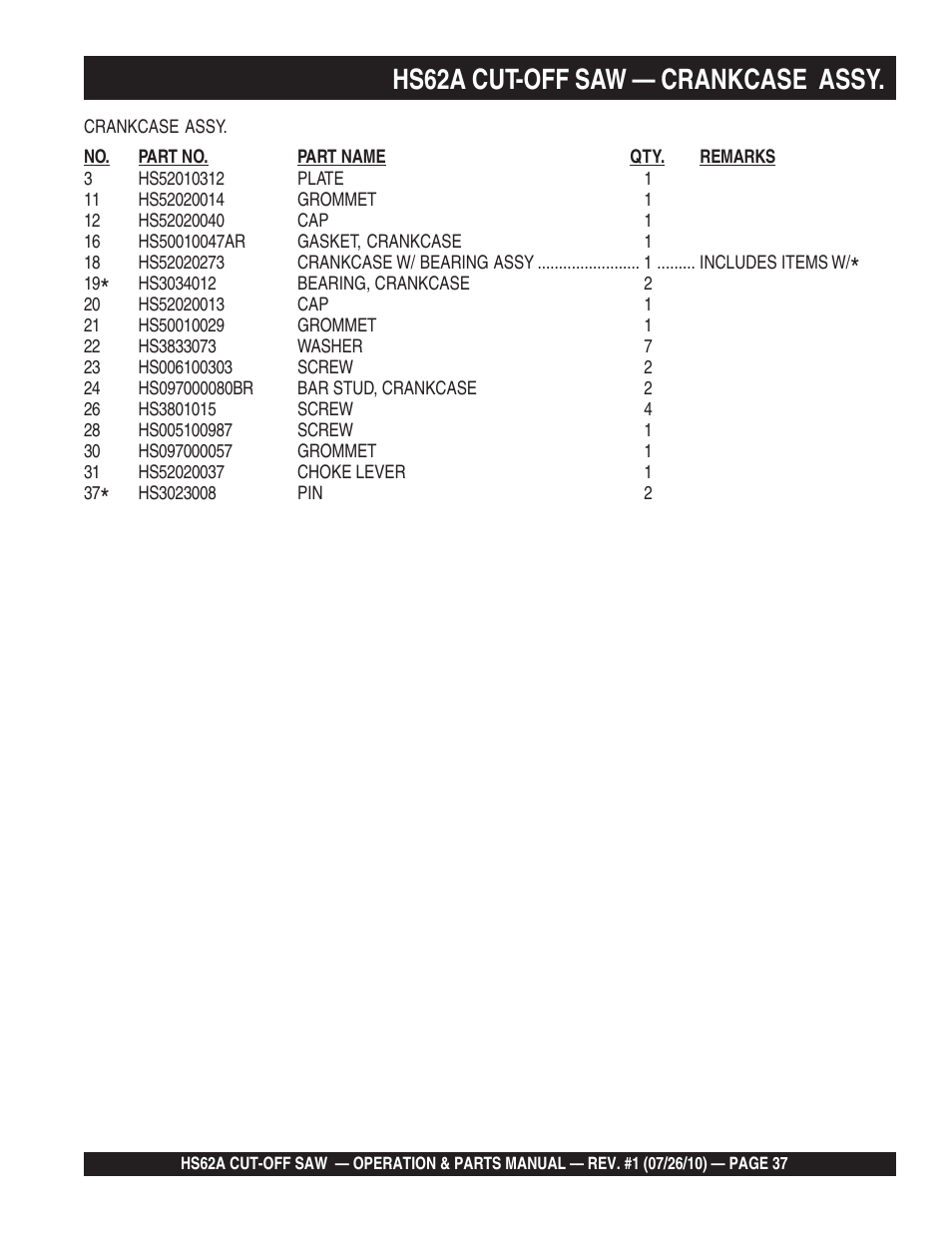 Hs62a cut-off saw — crankcase assy | Multiquip HS62A User Manual | Page 37 / 70
