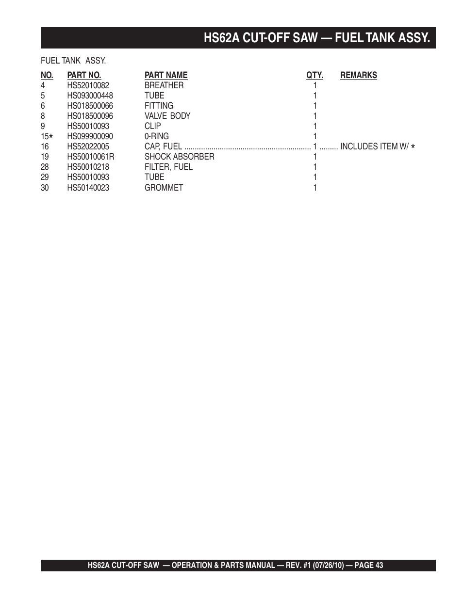 Hs62a cut-off saw — fuel tank assy | Multiquip HS62A User Manual | Page 43 / 70