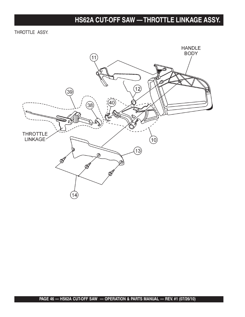 Hs62a cut-off saw — throttle linkage assy | Multiquip HS62A User Manual | Page 46 / 70