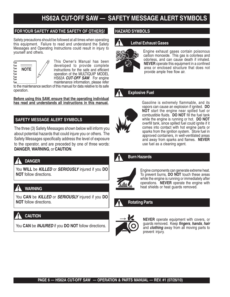 Hs62a cut-off saw — safety message alert symbols | Multiquip HS62A User Manual | Page 6 / 70