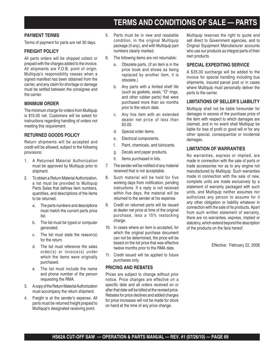 Terms and conditions of sale — parts | Multiquip HS62A User Manual | Page 69 / 70