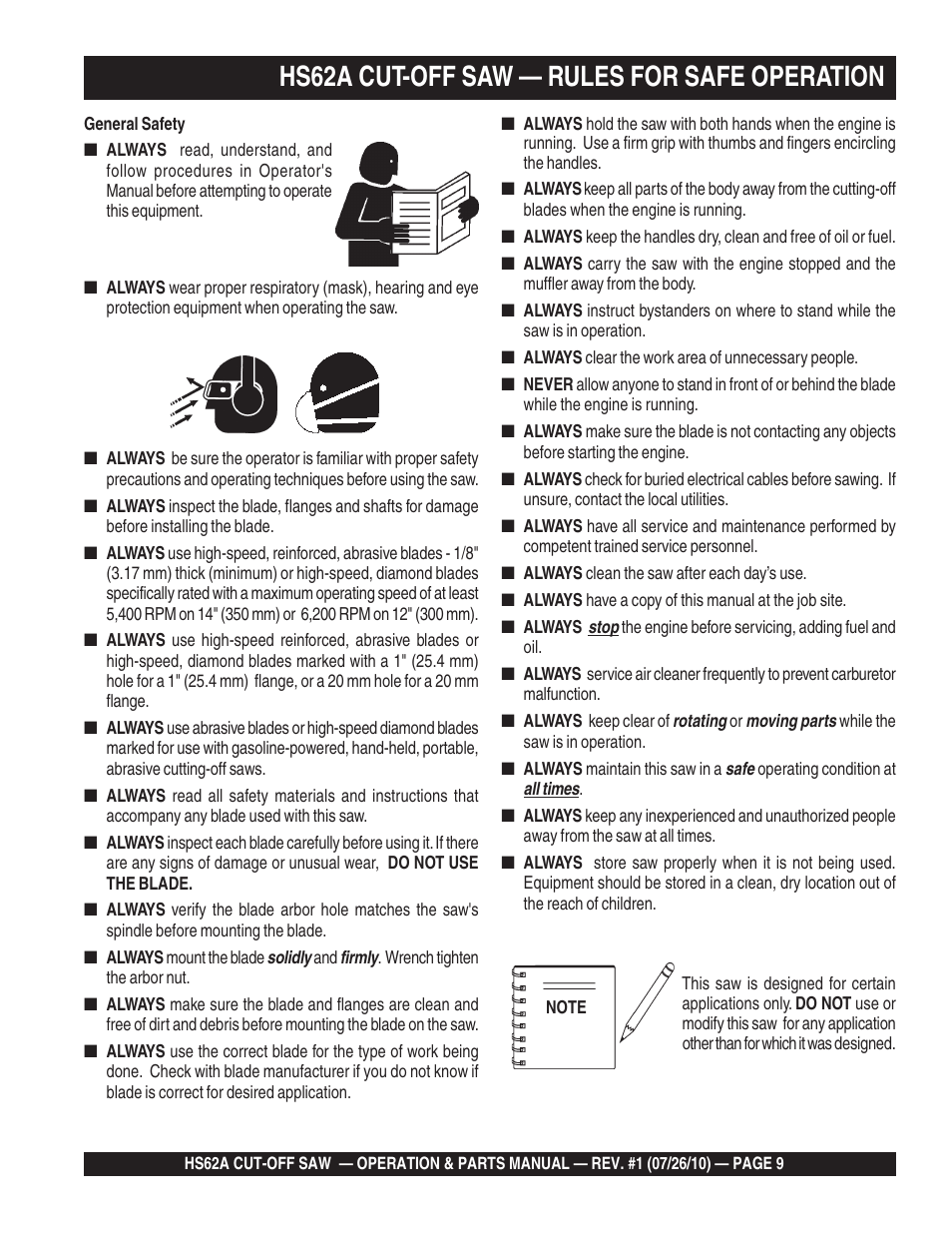 Hs62a cut-off saw — rules for safe operation | Multiquip HS62A User Manual | Page 9 / 70