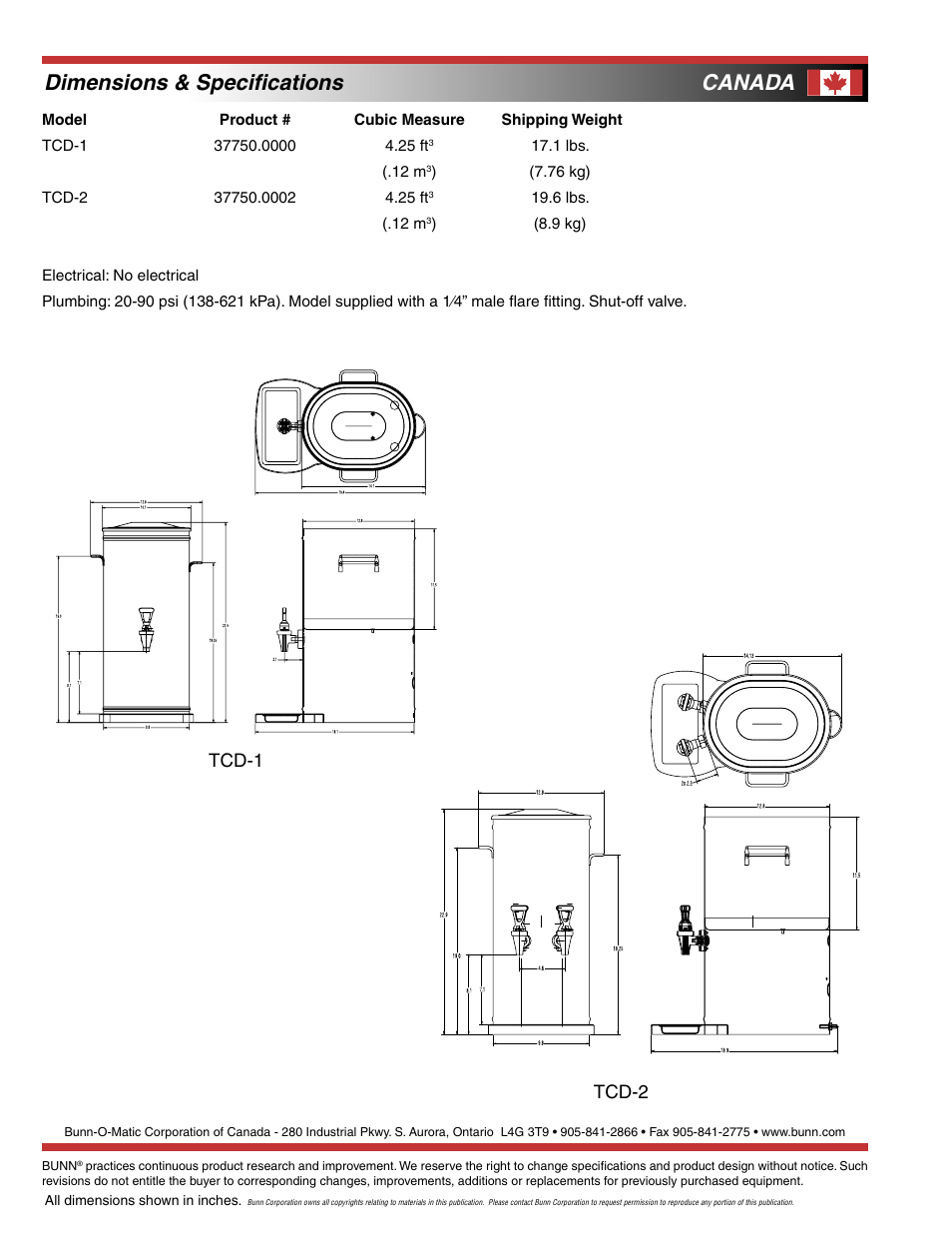 Dimensions & speciﬁcations, Canada, Tcd-1 tcd-2 | Bunn TCD-1 User Manual | Page 2 / 2