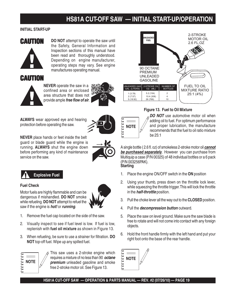 Hs81a cut-off saw — initial start-up/operation, Caution | Multiquip HS81A User Manual | Page 19 / 70