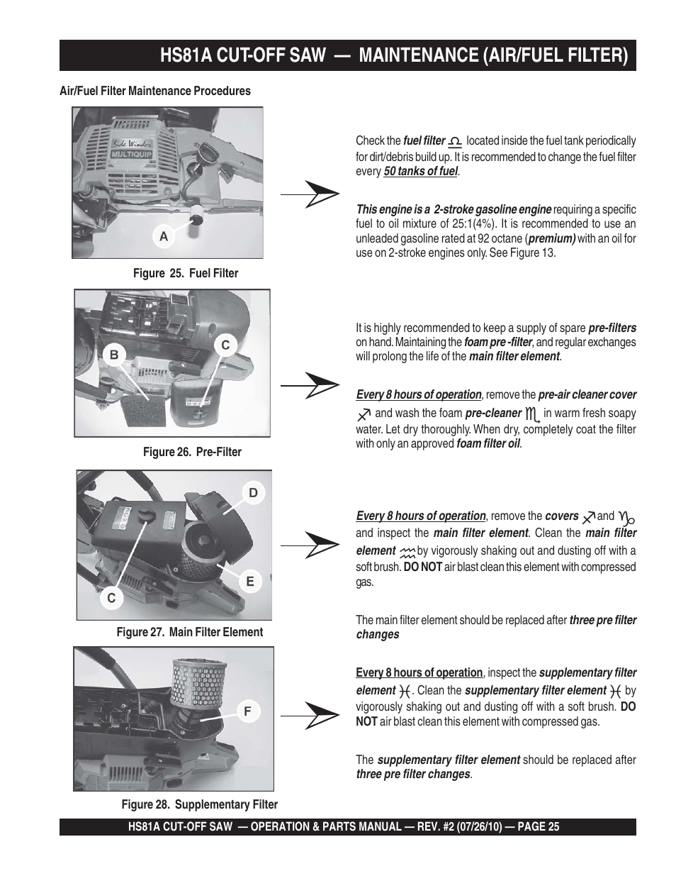Hs81a cut-off saw, Maintenance (air/fuel filter) | Multiquip HS81A User Manual | Page 25 / 70