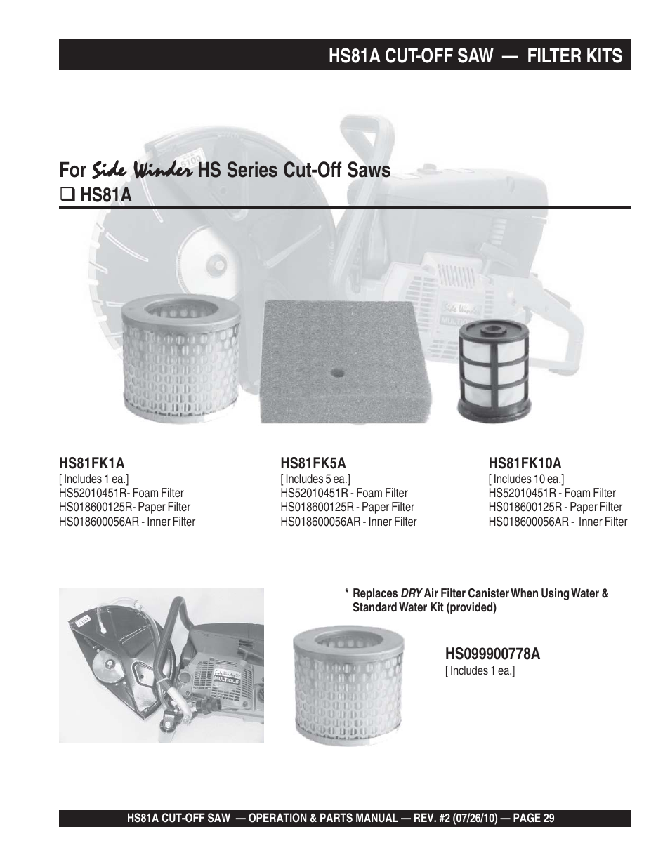 Wet filter, Dry filter kits, Side winder | Hs series cut-off saws | Multiquip HS81A User Manual | Page 29 / 70