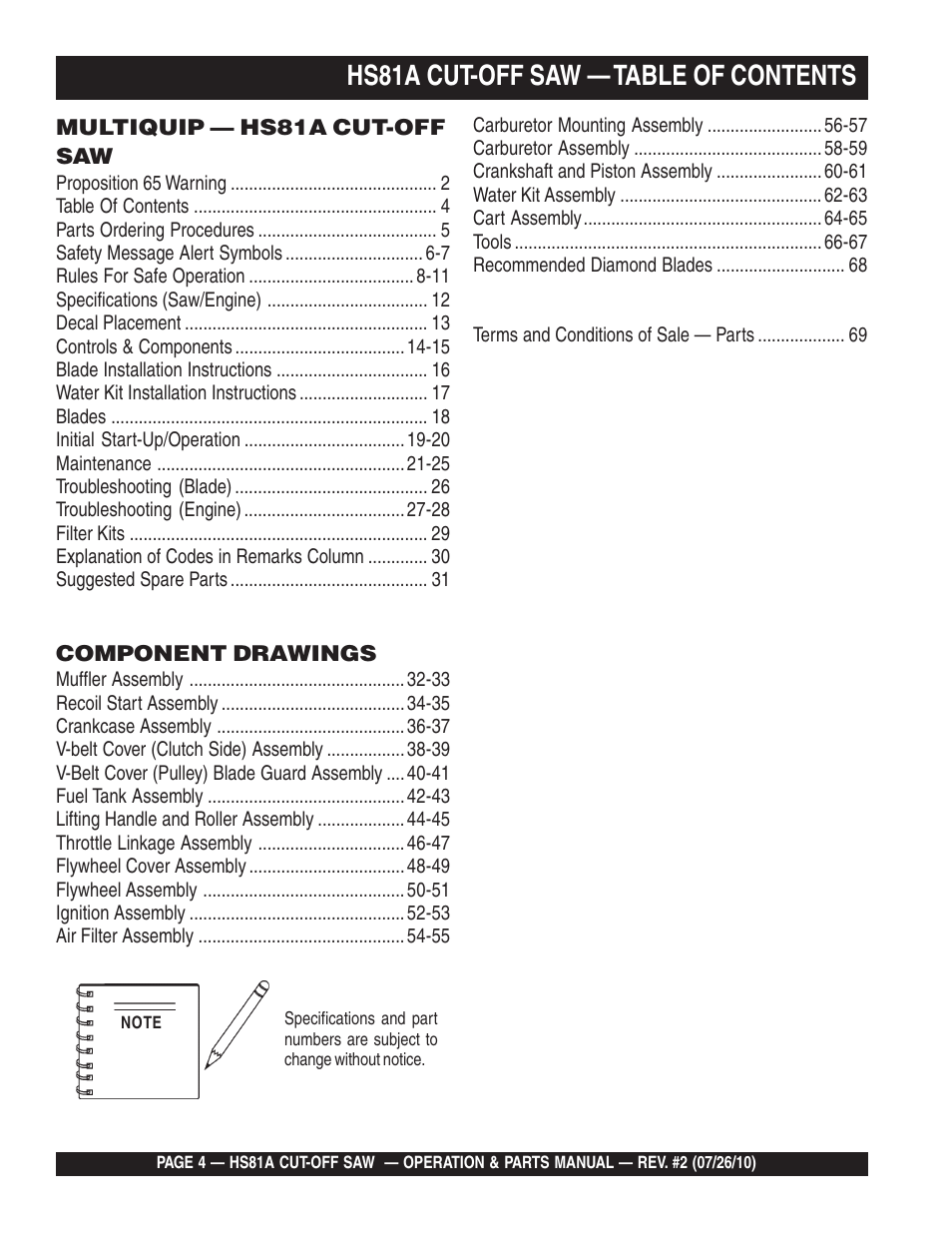 Hs81a cut-off saw — table of contents | Multiquip HS81A User Manual | Page 4 / 70