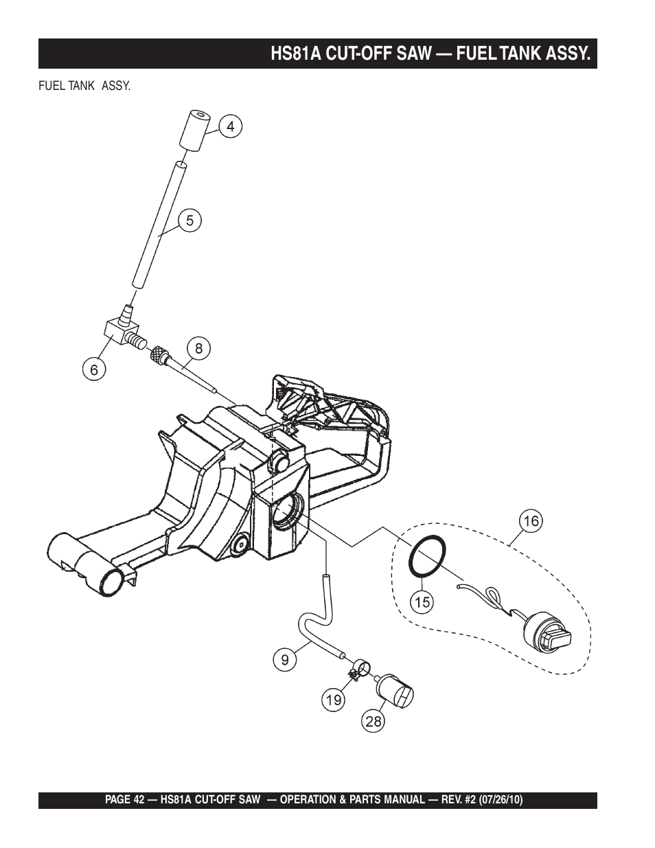 Hs81a cut-off saw — fuel tank assy | Multiquip HS81A User Manual | Page 42 / 70