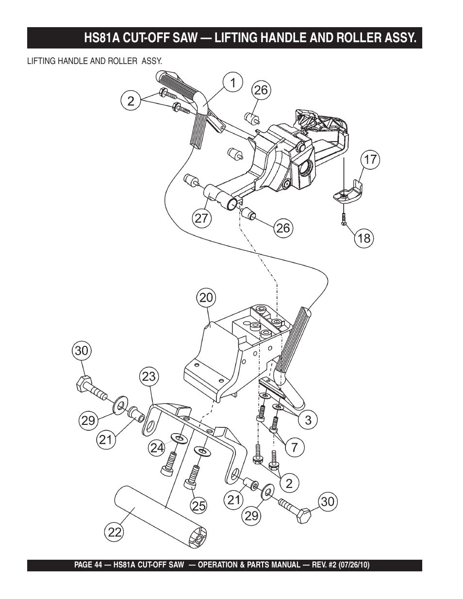 Hs81a cut-off saw — lifting handle and roller assy | Multiquip HS81A User Manual | Page 44 / 70