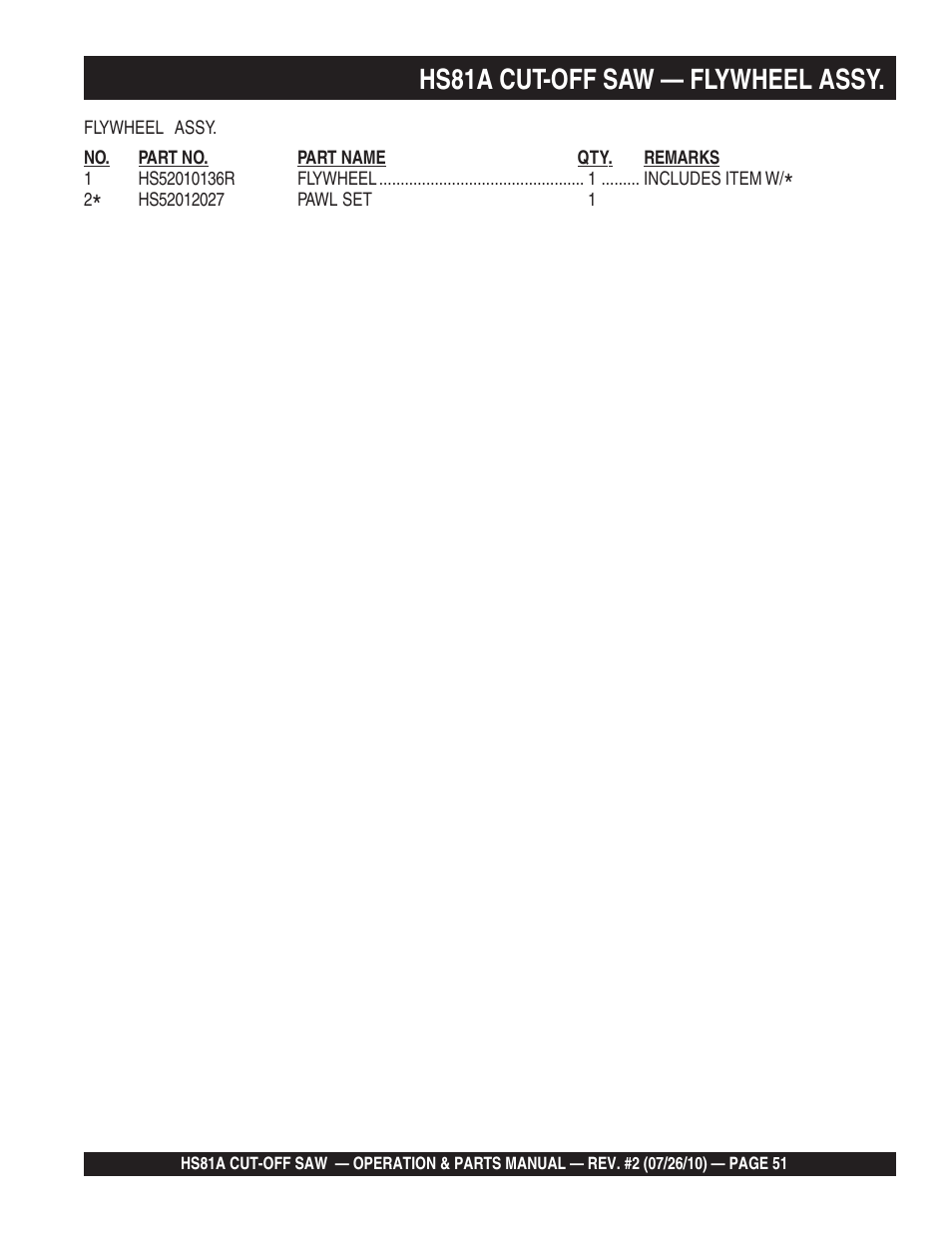 Hs81a cut-off saw — flywheel assy | Multiquip HS81A User Manual | Page 51 / 70